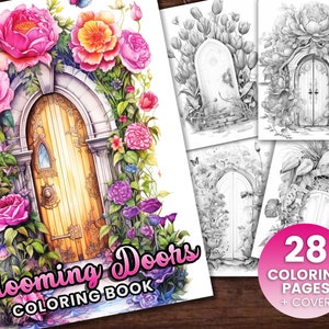 28 Blooming Fairy Doors Coloring Book, Adults kids Instant Download -Grayscale Coloring Book -Printable PDF, Door Flowers, Fairy Doors