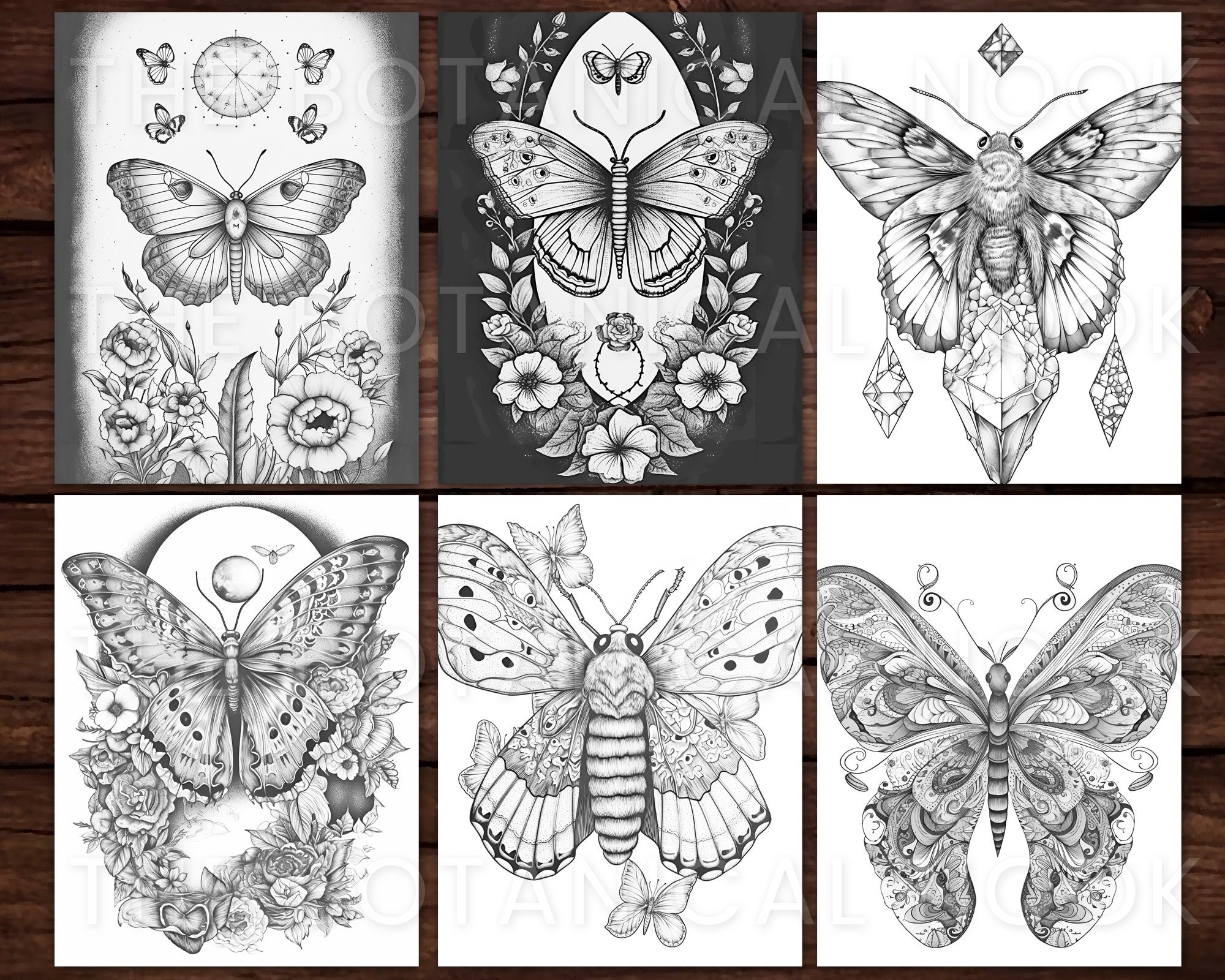 23 Moths Coloring Book, Adults Kids Instant Download grayscale