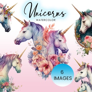 Watercolor Flower Unicorns (6 Graphic Clip Art) Illustration Instant Download; commercial, Fantasy Clipart, animals, unicorns, mystical art