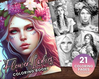 Flower Ladies Fairy Women Fantasy Coloring Book, Adults + kids- Instant Download - Grayscale Coloring Page - Gift, Printable Art PDF, flower