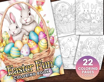 22 Easter Fun Cute Bunny, Chicks & Eggs Coloring Page, Adults + kids- Instant Download - Grayscale Coloring Page - Gift, Printable PDF