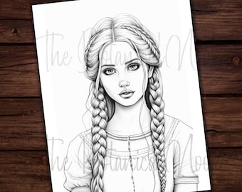 Hermosa mujer trenzas peinado página para colorear, adultos y niños- Descarga instantánea - Página para colorear en escala de grises - Regalo, Hada PDF, Precioso