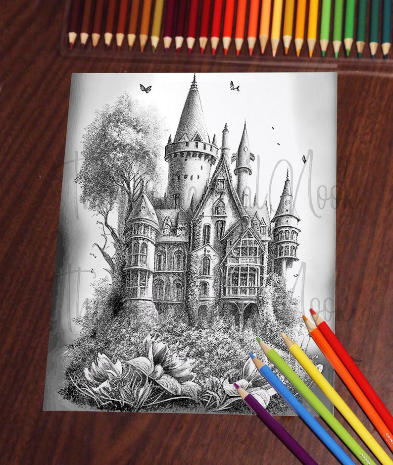 21 Castillos Elegante libro para colorear, Descarga instantánea para adultos Página para colorear en escala de grises PDF imprimible, cabañas, castillos medievales, hermosos imagen 5