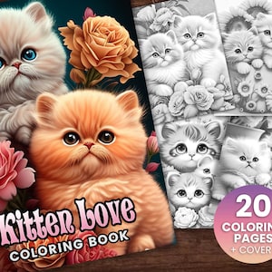 20 Baby Kitten Love Coloring Page Book, Adults + kids- Instant Download - Grayscale Coloring Page, Printable PDF, Kitten coloring, Cat cute