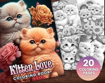 20 Baby Kitten Love Coloring Page Book, Adults + kids- Instant Download - Grayscale Coloring Page, Printable PDF, Kitten coloring, Cat cute