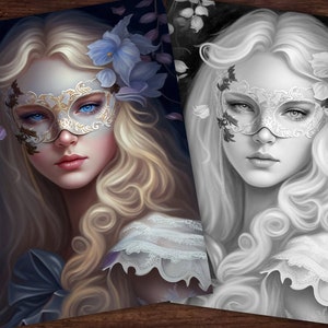 Masquerade Ball Goddess Beautiful Coloring Page, Adults & kids- Instant Download - Grayscale Coloring Page - Gift, PDF, woman, beautiful