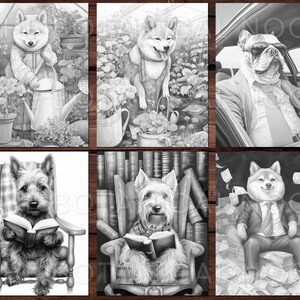 Pu&ograve; includere: Una collezione di sei illustrazioni in bianco e nero con cani antropomorfi. I cani sono raffigurati in vari contesti, tra cui giardinaggio, guida di un'auto e lettura di libri. Le illustrazioni hanno uno stile dettagliato e realistico.