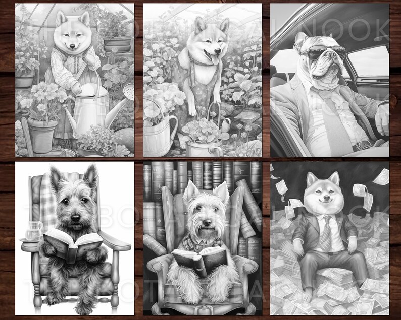 Pu&ograve; includere: Una collezione di sei illustrazioni in bianco e nero con cani antropomorfi. I cani sono raffigurati in vari contesti, tra cui giardinaggio, guida di un'auto e lettura di libri. Le illustrazioni hanno uno stile dettagliato e realistico.