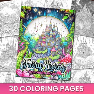 30 Fairy Living Coloring Pages Book, Adults + kids- Instant Download Grayscale Coloring Page, Printable PDF, Fairy Villages in Crystal Balls