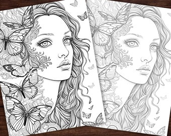 Butterfly Woman Beautiful Coloring Page, Adults & kids- Instant Download - Grayscale Coloring Page - Gift, Printable Art PDF, butterflies