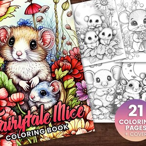 Fairytale Mice Coloring Book, Adults kids Instant Download -Grayscale Coloring Book - Printable PDF,  mice and mouse, fairytale coloring