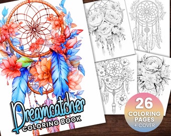26 ドリームキャッチャーの塗り絵、大人と子供の即時ダウンロード - グレースケールの塗り絵 - 印刷可能な PDF、ドリームキャッチャーの塗り絵、塗り絵