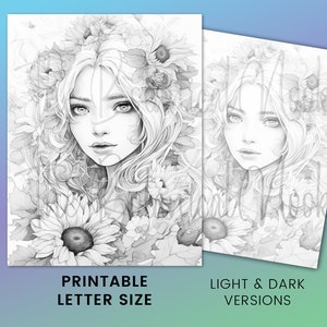 May include: Two black and white printable art prints featuring a woman with long hair and a floral crown. The prints are labeled "Printable Letter Size" and "Light & Dark Versions."