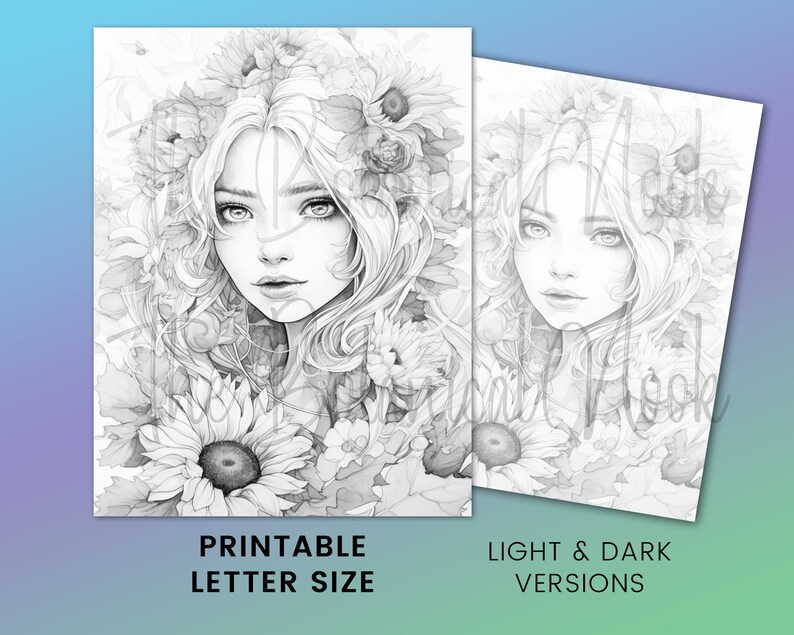 May include: Two black and white printable art prints featuring a woman with long hair and a floral crown. The prints are labeled "Printable Letter Size" and "Light & Dark Versions."