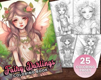 Fairy Darlings Fairy Girls Fantasy Anime Coloring Page, Adults + kids- Instant Download - Grayscale Coloring Page - Gift, Printable Art PDF