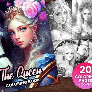 20 Delicate Queen Royal Fantasy Anime Coloring Page Book , Adults + kids- Instant Download - Grayscale Coloring Page -Gift Printable Art PDF