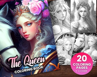 20 Delicate Queen Royal Fantasy Anime Coloring Page Book , Adults + kids- Instant Download - Grayscale Coloring Page -Gift Printable Art PDF
