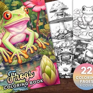 22 Frogs Cute Coloring Page Book, Adults + kids- Instant Download - Grayscale Coloring Page Printable PDF Cute Frogs, Frogs in ponds, frog
