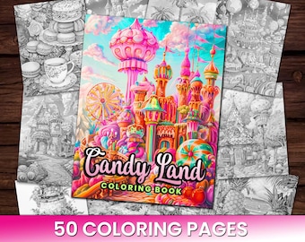50 Candy Land Variety, Adorable, Chocolate Factory, Coloring Page Book, Adults + kids Instant Download Grayscale Coloring Page, adorable