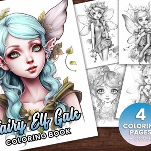4 Fairy Elf Gals Girls Fantasy Anime Coloring Page, Adults + kids- Instant Download - Grayscale Coloring Page - Gift, Printable Art PDF