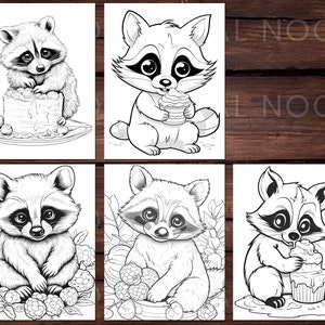 May include: Six black and white coloring pages featuring cute raccoons. Each raccoon is depicted in a different pose, including eating a cupcake, sitting on a cake, and surrounded by raspberries.