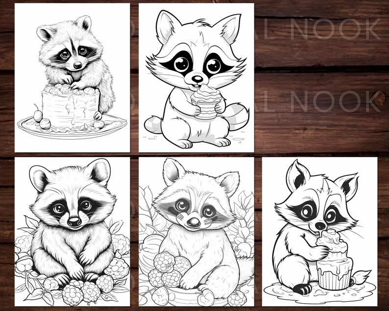 May include: Six black and white coloring pages featuring cute raccoons. Each raccoon is depicted in a different pose, including eating a cupcake, sitting on a cake, and surrounded by raspberries.