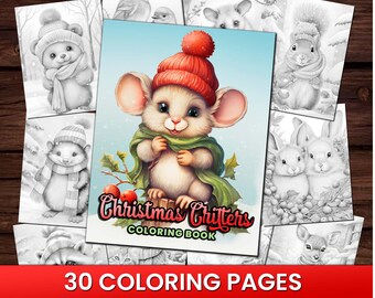 Christmas Critters Cute Winter Animal Coloring Page Book, Adults + kids Instant Download Grayscale Coloring Page, Printable PDF Squirrel Fox