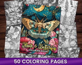 50 Falene e Farfalle Libro da colorare, Adulti + bambini Download istantaneo Pagina da colorare in scala di grigi, PDF stampabile Falena, Farfalla, Spirituale
