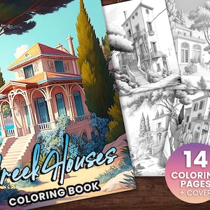 14 Beautiful Greek Houses Coloring Book, Adults Instant Download -Grayscale Coloring Page - Printable PDF, Greek House, greece coloring,