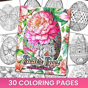 Livro de páginas para colorir com 30 padrões de ovos de Páscoa, adultos e crianças - download instantâneo página para colorir em escala de cinza, PDF para impressão, colorir de Páscoa, diversão com ovos