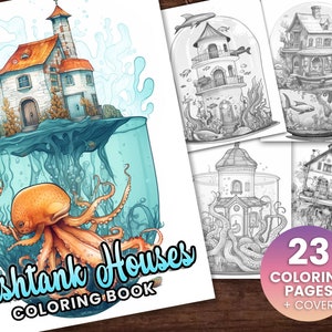 Fishtank Houses Coloring Book, Adults Instant Download -Grayscale Coloring Page - Printable PDF, cottages, cute cottage life, fish tanks
