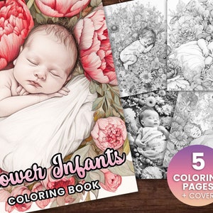 5 Adorable Flower Baby Infants Coloring Book, Adults + kids Instant Download - Grayscale Coloring Page - flower coloring, cute coloring