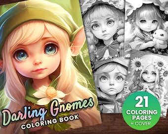 Darling Gnomes Delicate Forest Elf Girls Fantasy Coloring Book, Adults + kids- Instant Download Grayscale Coloring Page - Printable PDF