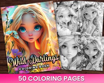 50 Wild Darlings Coloring Book, Flowers Critters Forest Adults/kids Instant Download - Grayscale Coloring Page - Gift Printable PDF, Flowers