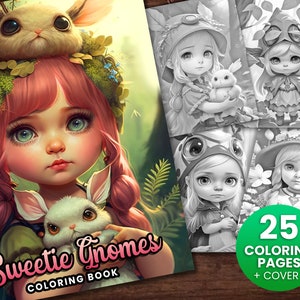 Sweetie Gnomes Delicate Forest Elf Girls Fantasy Coloring Book, Adults + kids- Instant Download Grayscale Coloring Page - Printable PDF