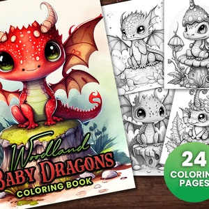 24 Baby Woodland Dragon Fantasy Coloring Page Book, Adults + kids- Instant Download Grayscale Coloring Page, Printable PDF, Dragons coloring