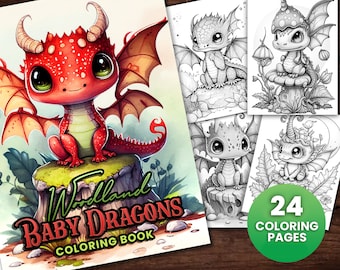 24 Baby Woodland Dragon Fantasy Coloring Page Book, Adults + kids- Instant Download Grayscale Coloring Page, Printable PDF, Dragons coloring