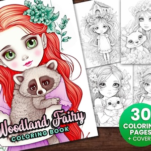 30 Delicate Woodland Fairy Girls Fantasy Anime Coloring Page, Adults + kids Instant Download - Grayscale Coloring Page - Gift, Printable PDF