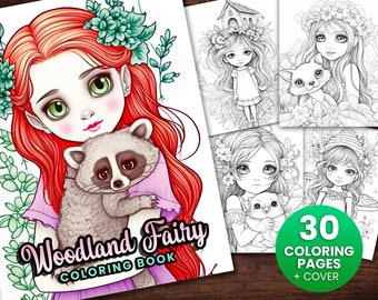 30 Delicate Woodland Fairy Girls Fantasy Anime Coloring Page, Adults + kids Instant Download - Grayscale Coloring Page - Gift, Printable PDF