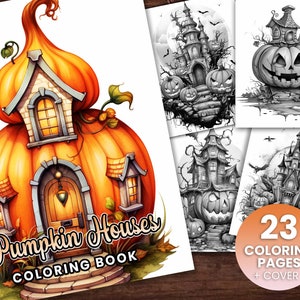 23 Pumpkin Fairy Homes Coloring Book, Adults kids Instant Download -Grayscale Coloring Book -Printable PDF, Pumpkin Houses, Fairy Houses