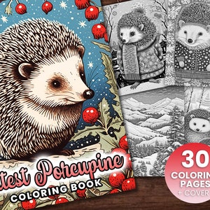 30 Cute Porcupines Animal Coloring Page Book, Adults + kids Instant Download Grayscale Coloring Page, Printable PDF, Feast, Family, Cute image 1