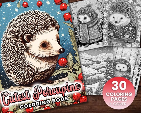 30 Cute Porcupines Animal Coloring Page Book, Adults + kids Instant Download Grayscale Coloring Page, Printable PDF, Feast, Family, Cute