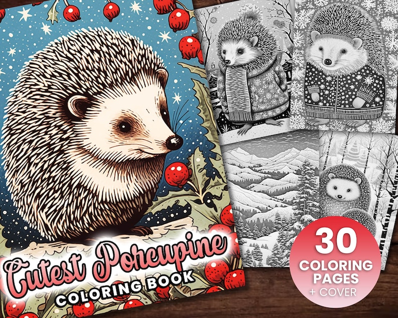 30 Cute Porcupines Animal Coloring Page Book, Adults + kids Instant Download Grayscale Coloring Page, Printable PDF, Feast, Family, Cute image 1