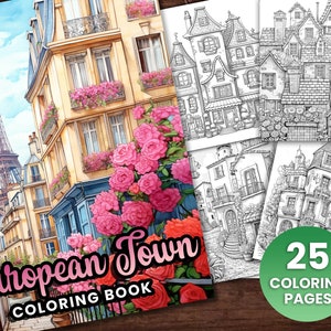 25 European Town Homes Shops City Coloring Book, Adults kids Instant Download -Grayscale Coloring Book -Printable PDF, Flower Houses