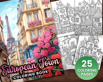 Libro para colorear de 25 casas y tiendas de ciudades europeas, descarga instantánea para adultos y niños, libro para colorear en escala de grises, PDF imprimible, casas de flores