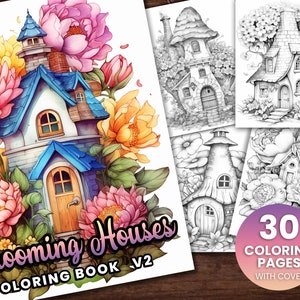 30 Blooming Fairy Homes V2 Coloring Book, Adults kids Instant Download -Grayscale Coloring Book -Printable PDF, Flower Houses, Fairy Houses