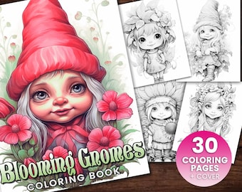 30 Blooming Gnomes Coloring Book, Adults kids Instant Download -Grayscale Coloring Page - Printable PDF, gnomes, gnome Flowers, coloring