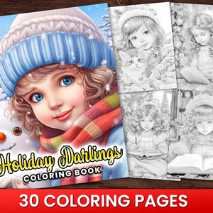 Christmas Holiday Winter Darlings Coloring Page Book, Adults + kids Instant Download Grayscale Coloring Page, Printable PDF, Beautiful Girls