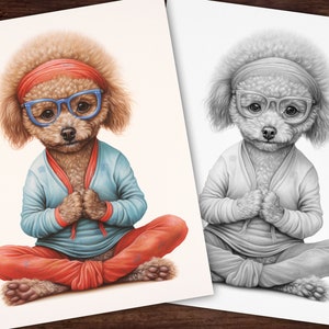 Pu&ograve; includere: Due stampe artistiche raffiguranti un barboncino in posa yoga. La stampa a colori mostra il cane con occhiali, una fascia, una giacca blu e pantaloni arancioni. La stampa in bianco e nero mostra la stessa immagine in scala di grigi.