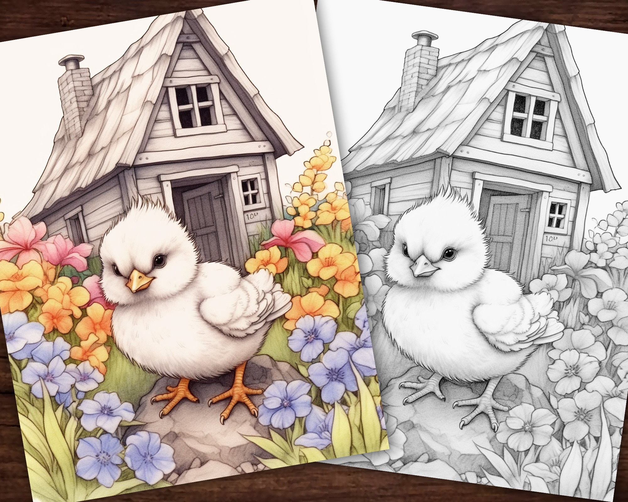 Cute Spring Chicken, Chicks & Flowers Coloring Page, Adults + kids-…